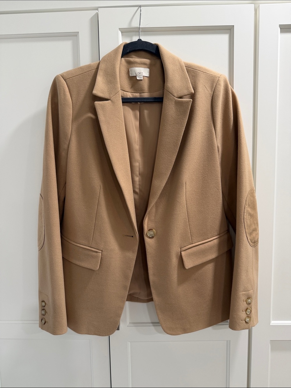 LOFT Tan Single-Button Blazer with Elbow Patches